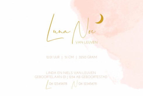 Geboortekaartje maantje watercolor - Luna Noé binnen
