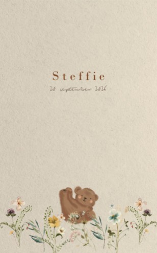 Geboortekaartje meisje met beer en romantische bloemen met paperwise look - Steffie