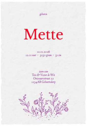 Geboortekaartje voor meisje met kleurrijke bloemen op handgeschept - Mette