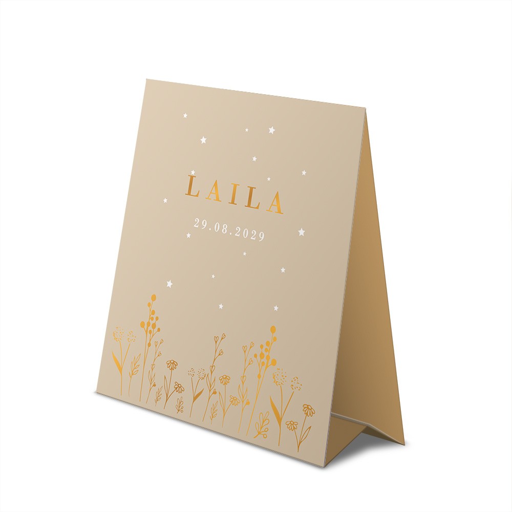 Geboortekaartje meisje met bloemen en sterren in koperfolie in een tentvorm - Laila
