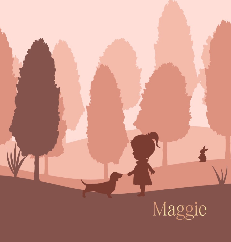 Geboortekaartje meisje in het bos met schattige teckel en rosegoudfolie - Maggie