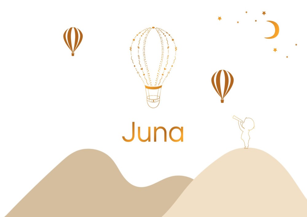 Geboortekaartje meisje met luchtballonen en grote broer in koperfolie - Juna