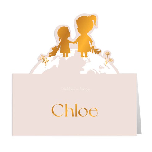Geboortekaartje meisje in unieke vorm met grote zus silhouet op wereldbol met koperfolie - Chloe