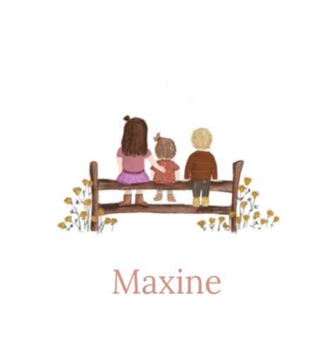 Geboortekaartje meisje met grote broer en zus op een hek - Maxine