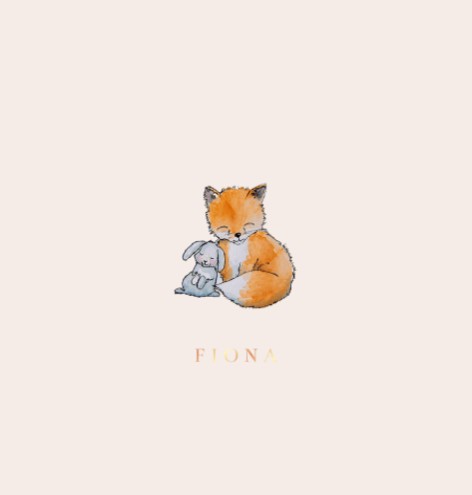 Geboortekaartje meisje illustratief met konijn, vos en rosegoud folie- Fiona