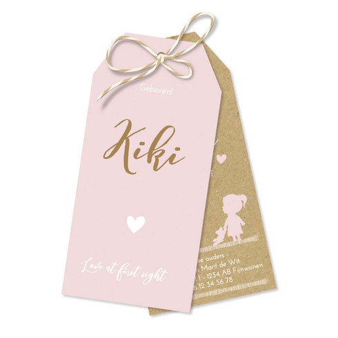 Label geboortekaartje roze en kraft - Kiki