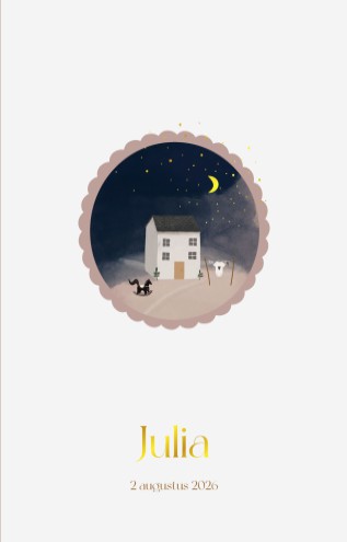 Geboortekaartje meisje met huisje in de nacht lucht met maan en stippen - Julia