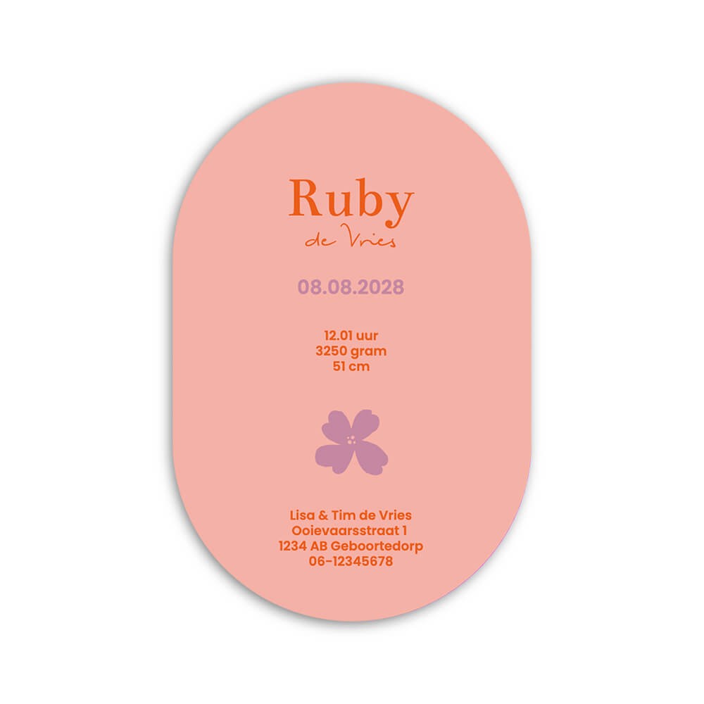 Geboortekaartje meisje ovaal bloem en letter - Ruby