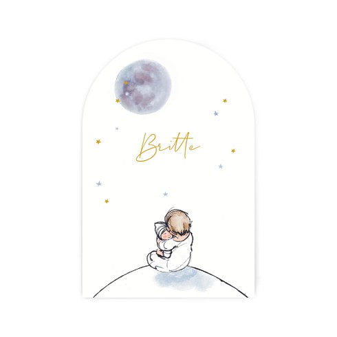 Geboortekaartje boogvorm broer op een wereldbol met maan - Britte