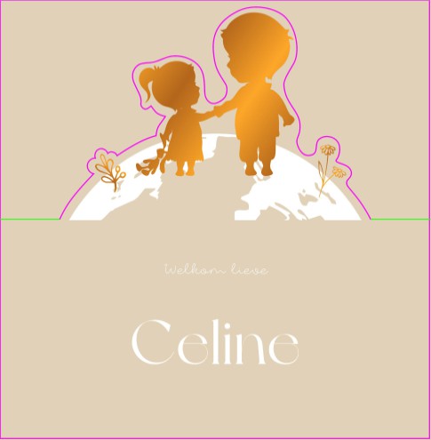 Geboortekaartje meisje in unieke vorm met grote broer silhouet op wereldbol met koperfolie - Celine