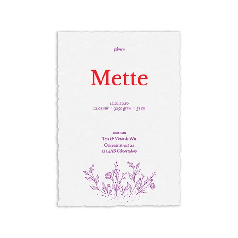 Geboortekaartje voor meisje met kleurrijke bloemen op handgeschept - Mette