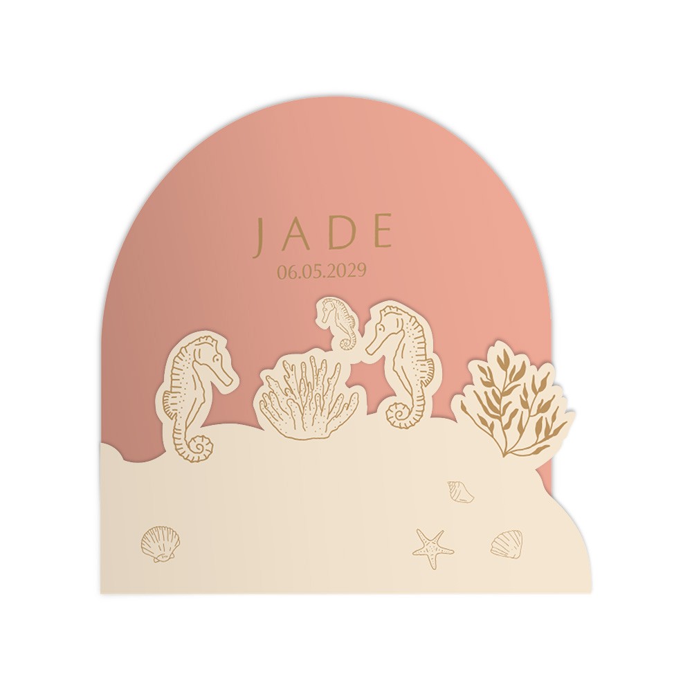Geboortekaartje meisje met zeepaardjes in een onderwaterwereld met bijzondere 3D vorm - Jade