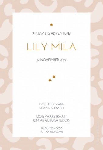 Stoer geboortekaartje panterprint meisje - Lily Mila