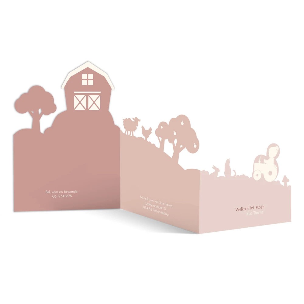 Sample 3d geboortekaartje boerderij - roze
