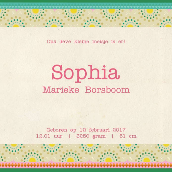 Geboortekaartje Sophia - ZW binnen