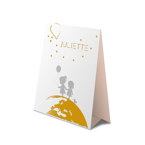 Geboortekaartje lief zusjes wereldbol clean goudfolie tentkaartje - Juliette