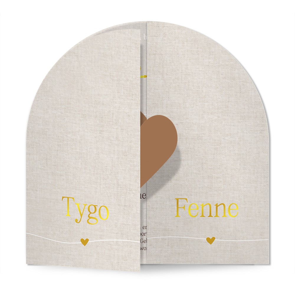 Geboortekaartje tweeling met linnen look en boog hartjes vorm - Fenne en Tigo