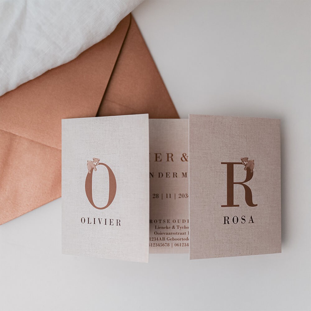 Unisex tweeling theater kaartje met beertjes, linnen look en hoogglans afwerking - Rosa en Olivier