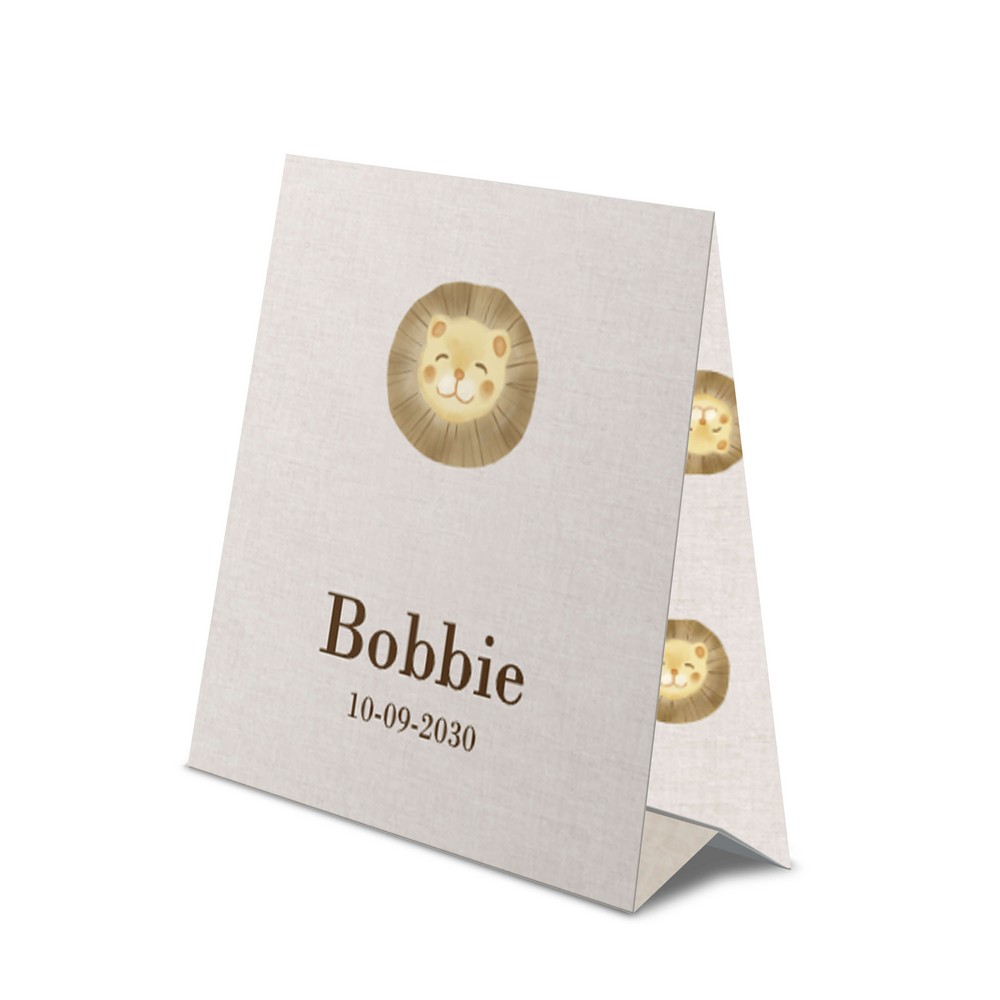 Geboortekaartje jongen met lieve leeuw en linnenlook in aparte vorm - Bobbie