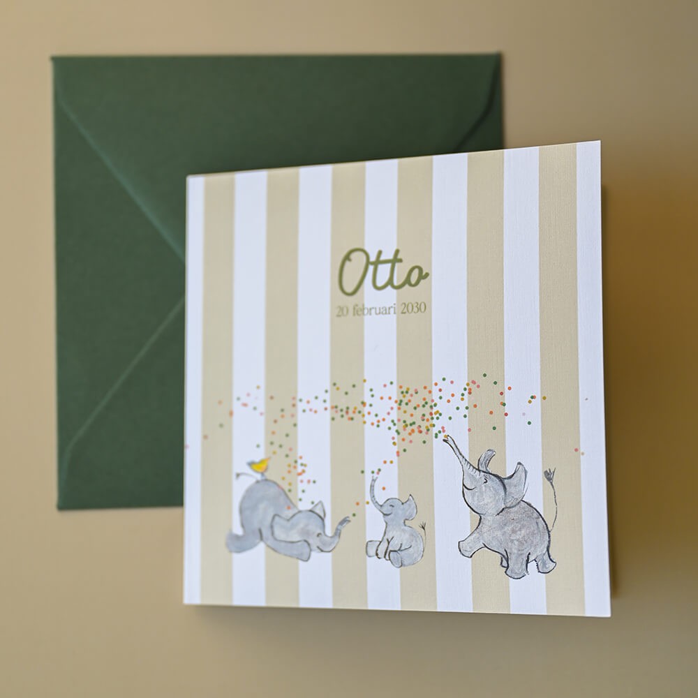 Jongens geboortekaartje met vrolijke en illustratieve olifanten en strepen - Otto