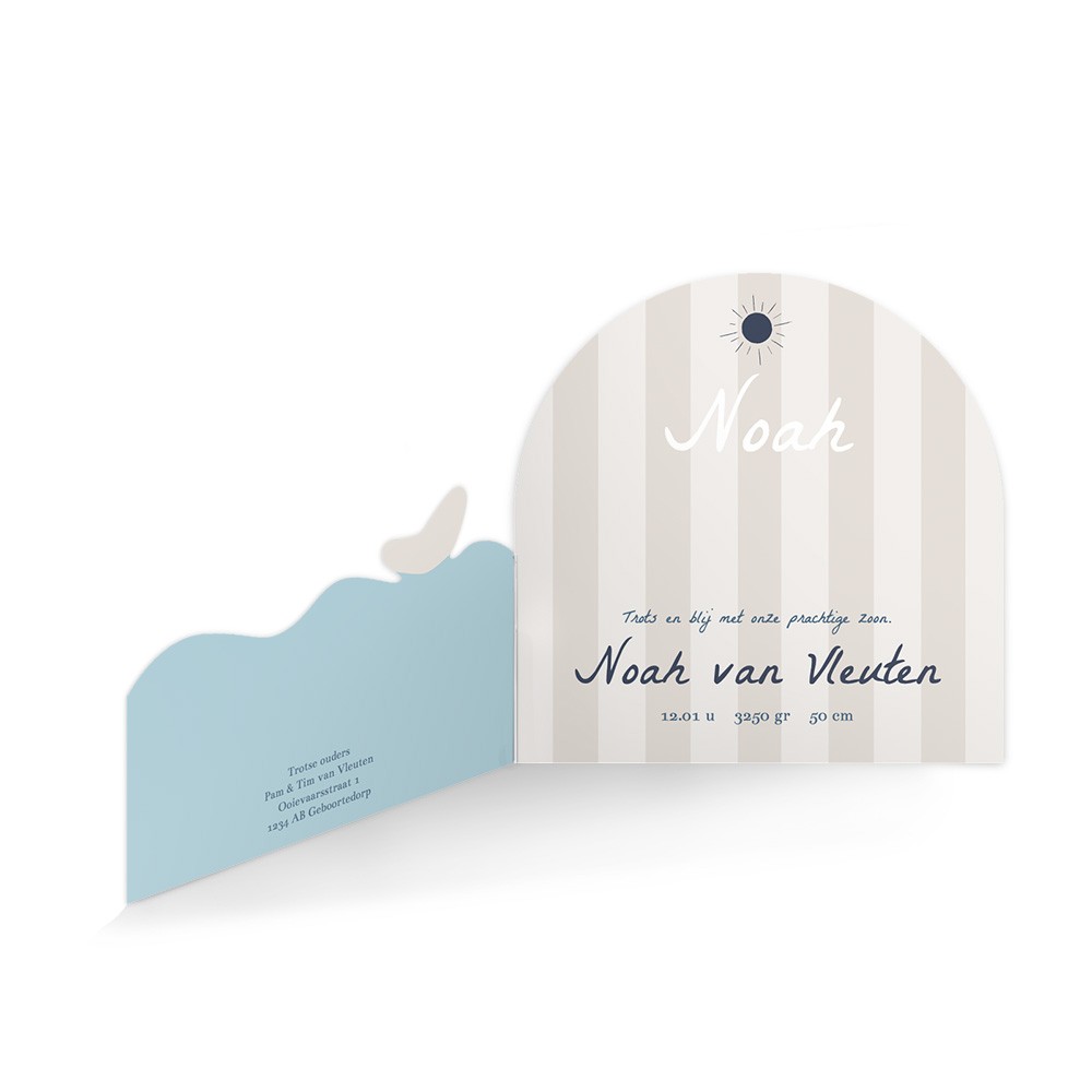 Geboortekaartje jongen in unieke 3d vorm van een walvis met zijn staart boven de golven - Noah