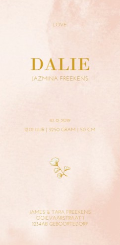 Geboortekaartje met roze watercolor en goudfolie takje - Dalie
