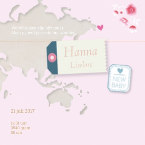 Geboortekaartje wereldkaart - Hanna binnen