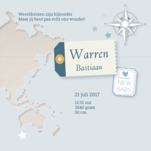 Geboortekaartje wereldkaart - Warren binnen