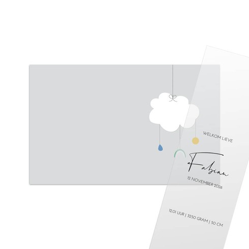 Geboortekaartje baby blauw met wolkje en regenboog en mobiel - Fabian