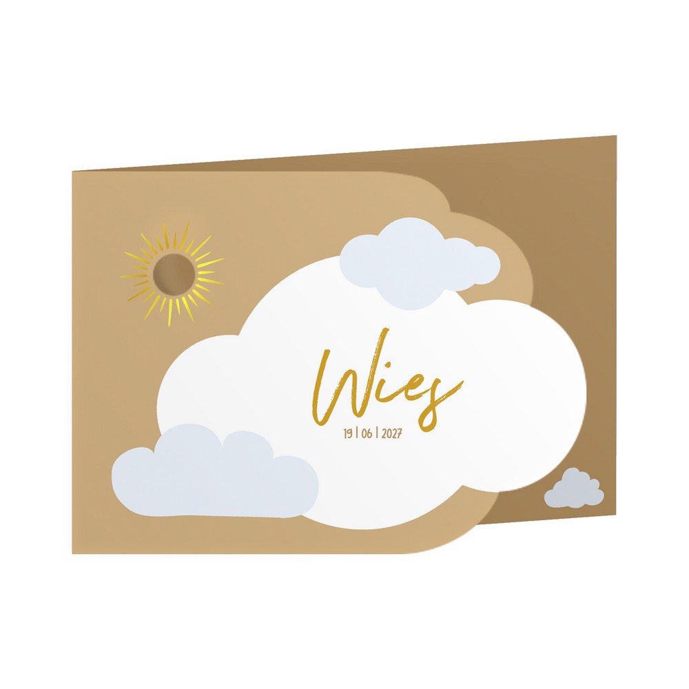 Unisex geboortekaartje met dromerige wolken in aparte vorm met goudfolie - Wies