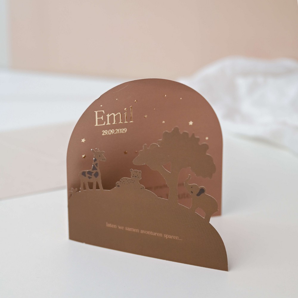 Geboortekaartje jongen 3d met jungle dieren met stoere kleuren en goudfolie - Emil