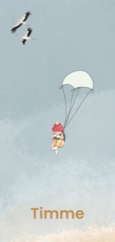 Geboortekaartje zoon met illustratieve ooievaar en parachute met lichte achtergrond - Timme