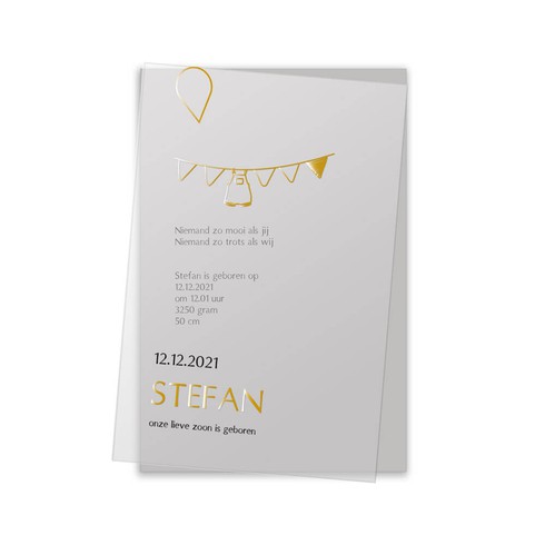 Geboortekaartje kalkpapier met goudfolie slinger - Stefan