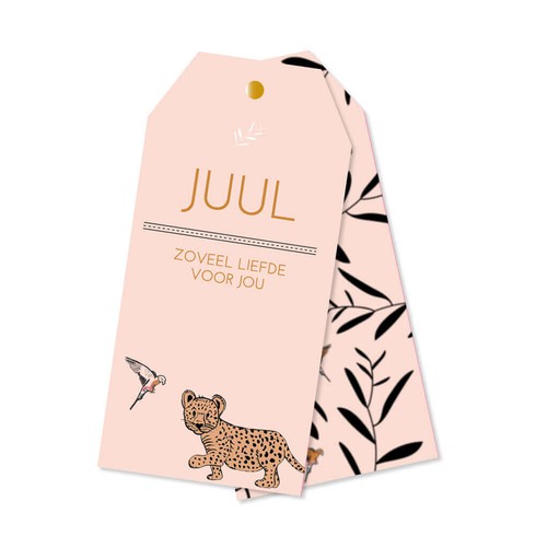Jungle geboortekaartje met twee labels en luipaard - Juul