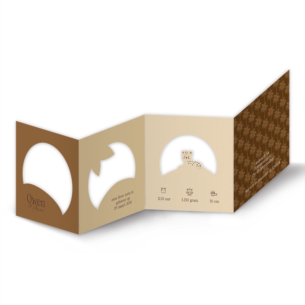 Geboortekaartje jongen met unieke jungle doorkijk in een vierluik - Owen