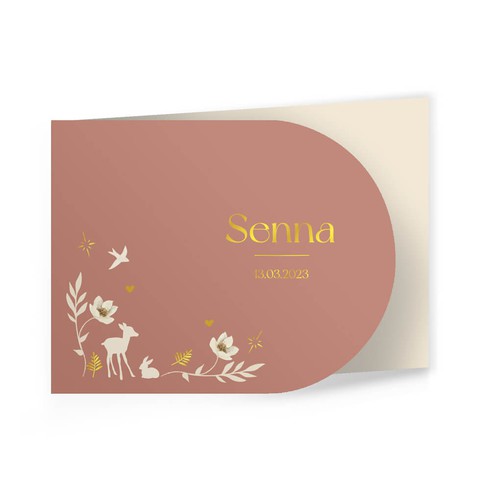 Geboortekaartje voor meisje met bosdieren en bloemen in terra roze - Senna