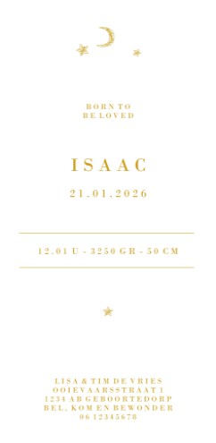 Grijskarton geboortekaartje maan en sterretjes 10x21- Isaac