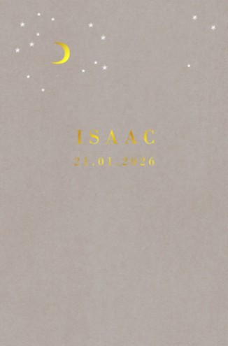 Stoer geboortekaartje grijsbord maan en sterretjes foliedruk - Isaac