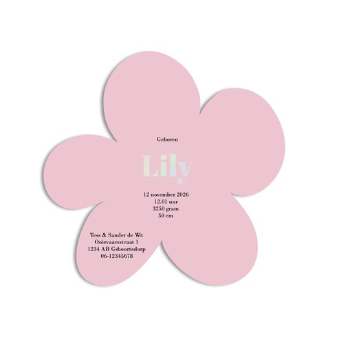 Hip-geboortekaartje-bloem-regenboog-folie-holografisch-roze-bijzondere-vorm-achterkant-Lily