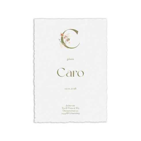 Geboortekaartje handgeschept typografisch met grote letter - Caro