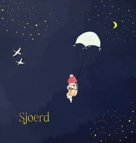 Jongens geboortekaartje met illustratieve jongen met een parachute in goudfolie - Sjoerd