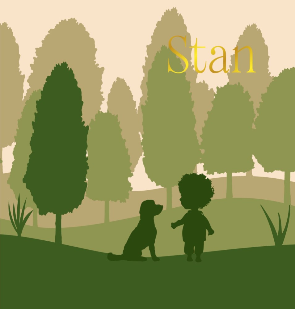 Jongens geboortekaartje spelend in het bos met lieve hond en hoogglans- Stan