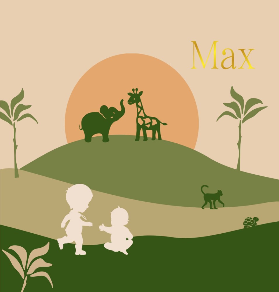 Jungle geboortekaartje voor een jongen met grote broer en jungle dieren - Max
