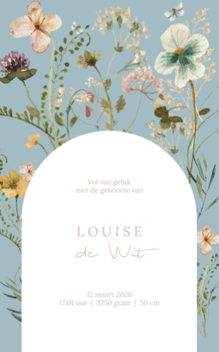 Klassiek geboortekaartje meisje met bloemen en zacht roze - Louise