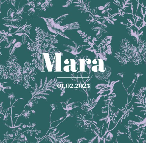 Kleurrijk en botanisch geboortekaartje met bloemenprint in lila en groen - Mara
