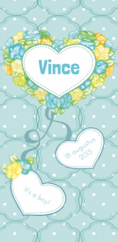 Lief geboortekaartje hartjes en bloemen Vince - Ms