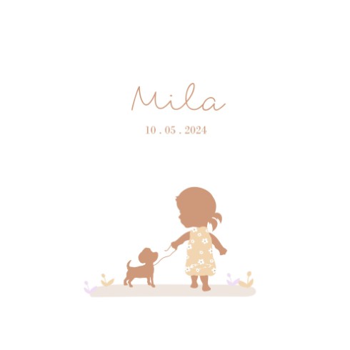 Geboortekaartje met silhouet van meisje met hond en vrolijk bloemen jurk - Mila