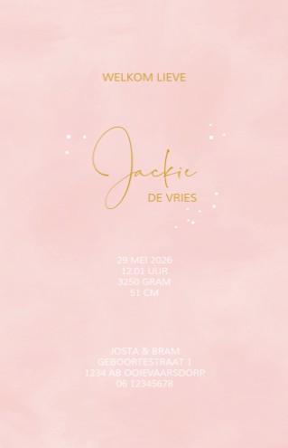 Meisjeskaartje in roze kleur met goudfolie stippen - Jackie
