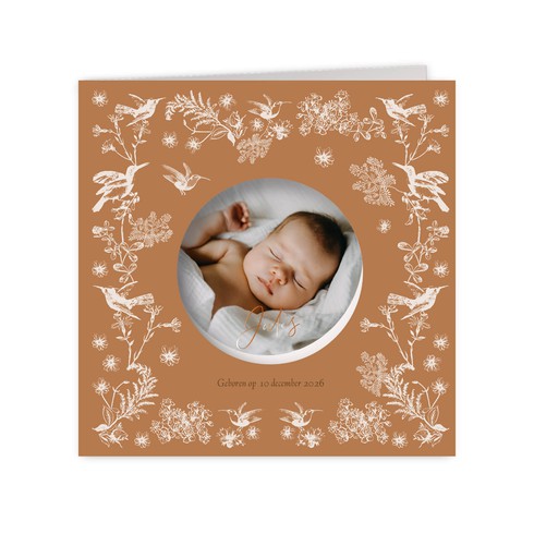 Geboortekaartje met foto doorkijkje en bloemenprint roestbruin - Jules