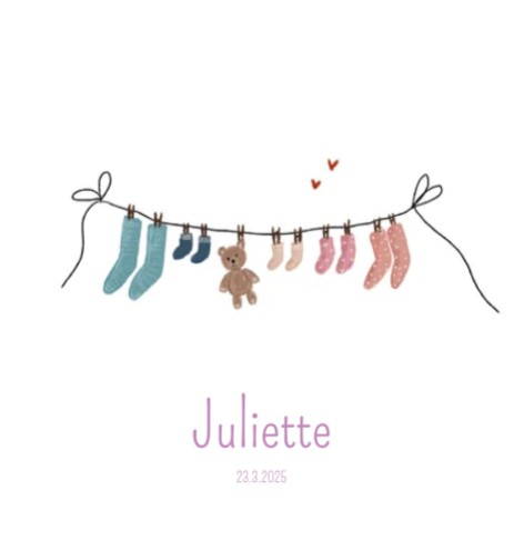 Neutraal geboortekaartje met waslijntje - Juliette